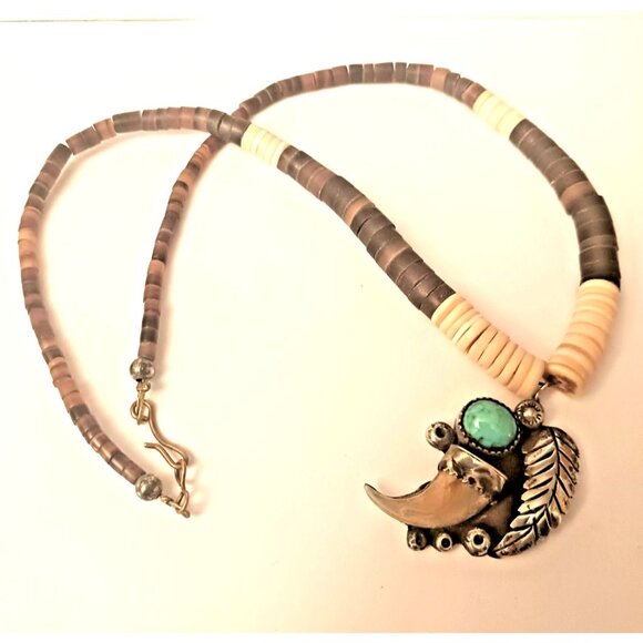 Native American Navajo Turquoise Claw Pendant on bone Heishe Necklace (1608) - Picture 1 of 7